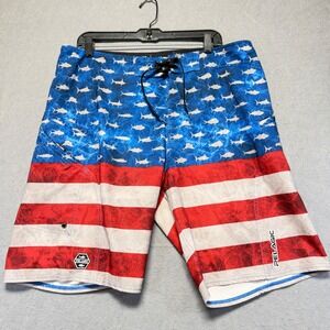 Pelagic Sharkskin Boardshorts Mens 36x10 American Flag Fish Print Red White Blue